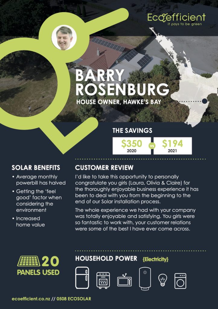 Case study infographic showing details of installation of solar panels for home owner Barry Rosenburg in Hawkes bay